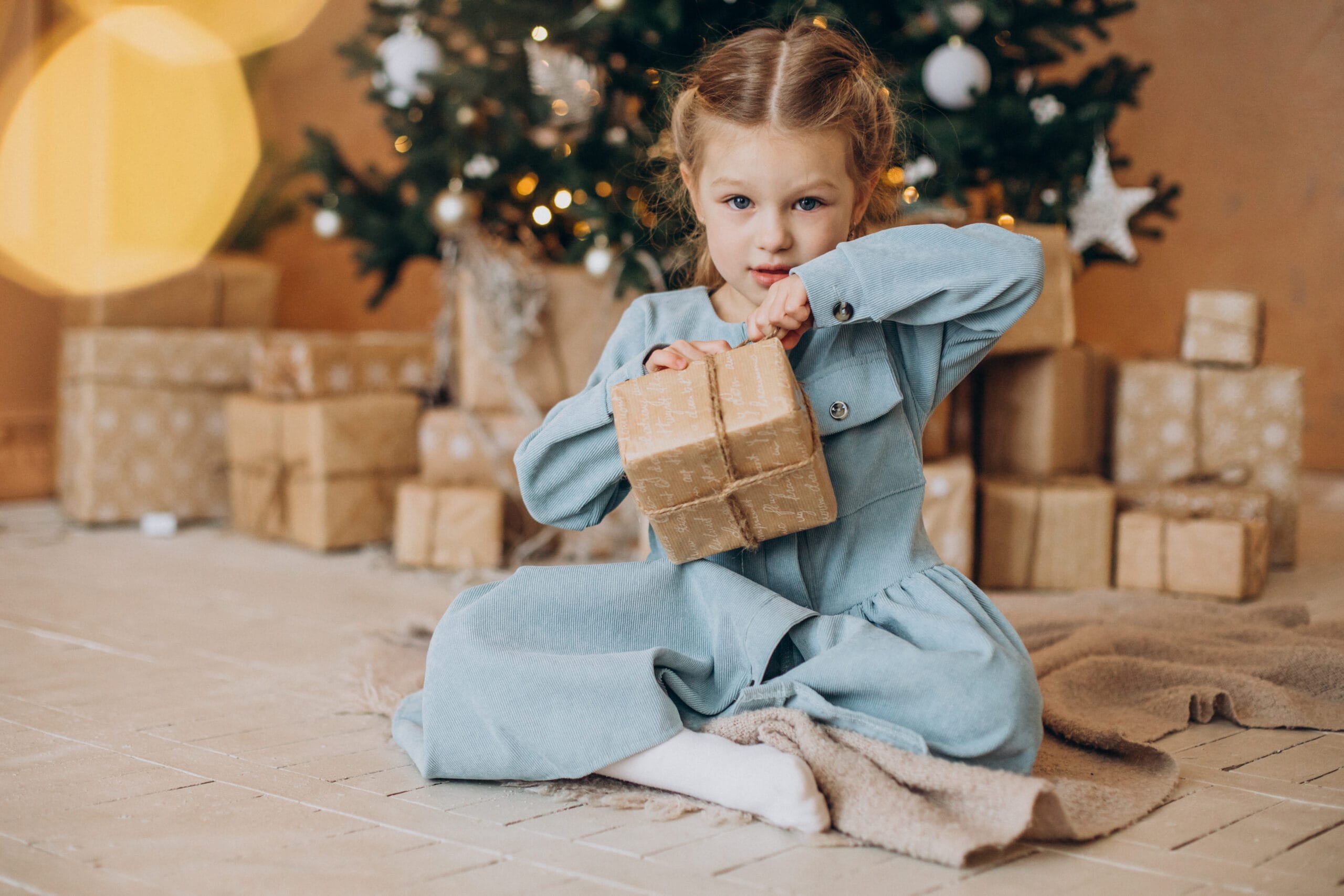 Cute little girl with christmas presents by the christmas tree